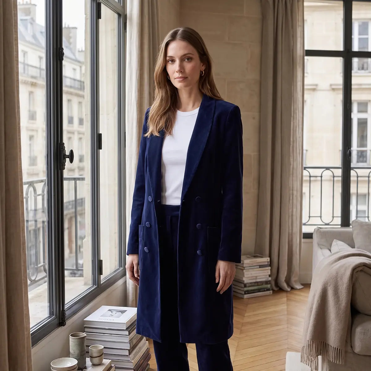NORA, robe manteau doppiopetto in ciniglia blu con revers e bottoni sul davanti, su modella.
