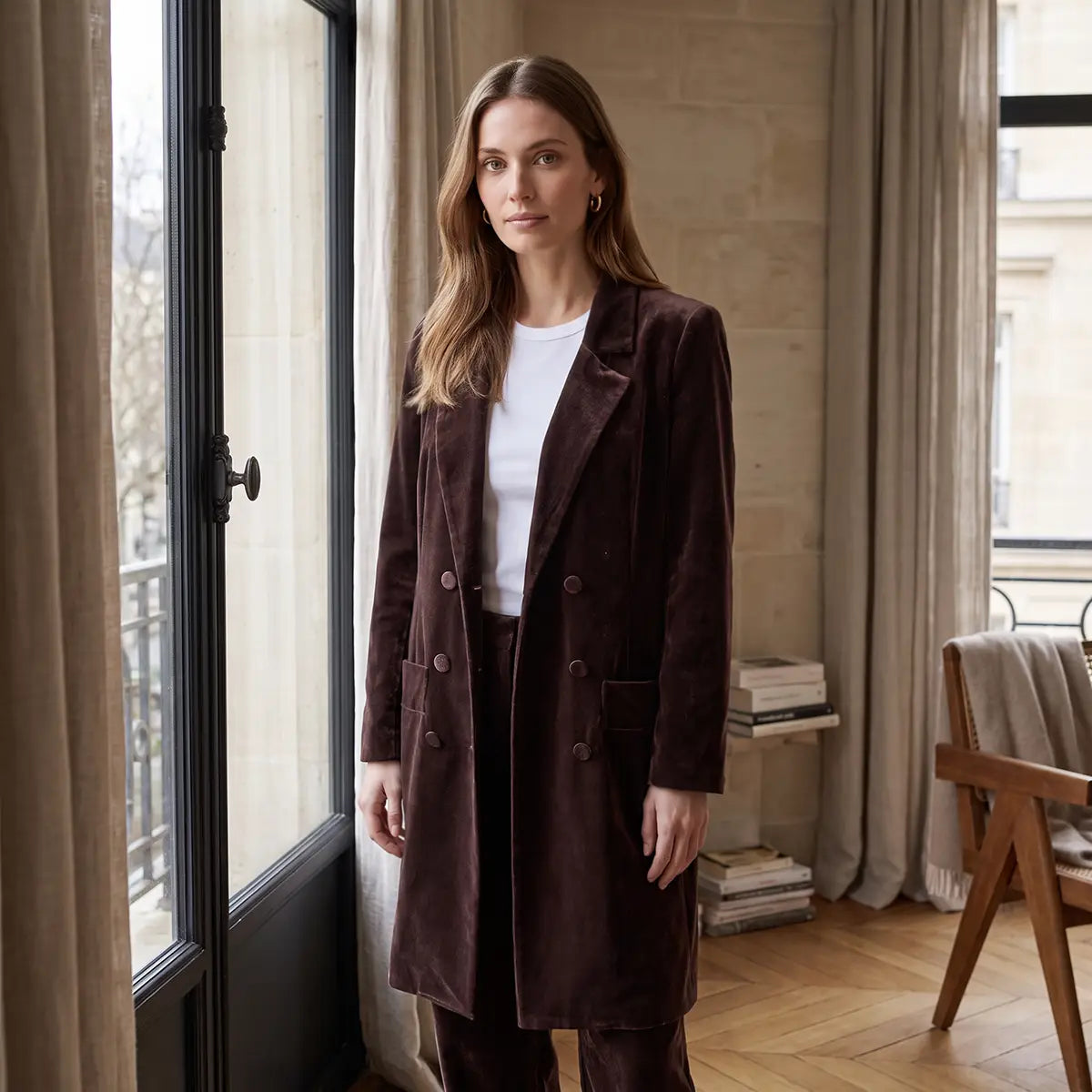 NORA, robe manteau doppiopetto in ciniglia marrone con revers e bottoni sul davanti, su modella.
