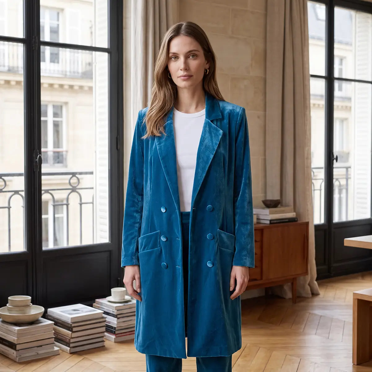 NORA, robe manteau doppiopetto in ciniglia ottanio con revers e bottoni sul davanti, su modella.