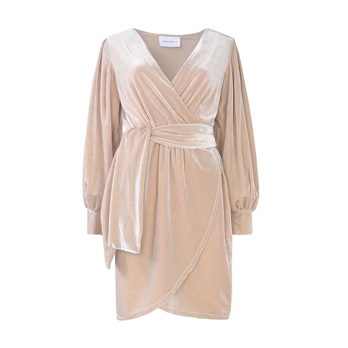 Abito corto OFELIA di Alessandra Gallo in ciniglia beige con cintura rimovibile in vita, con scollo a V, maniche lunghe ambia e polsino - vista frontale - Day&Night Collection