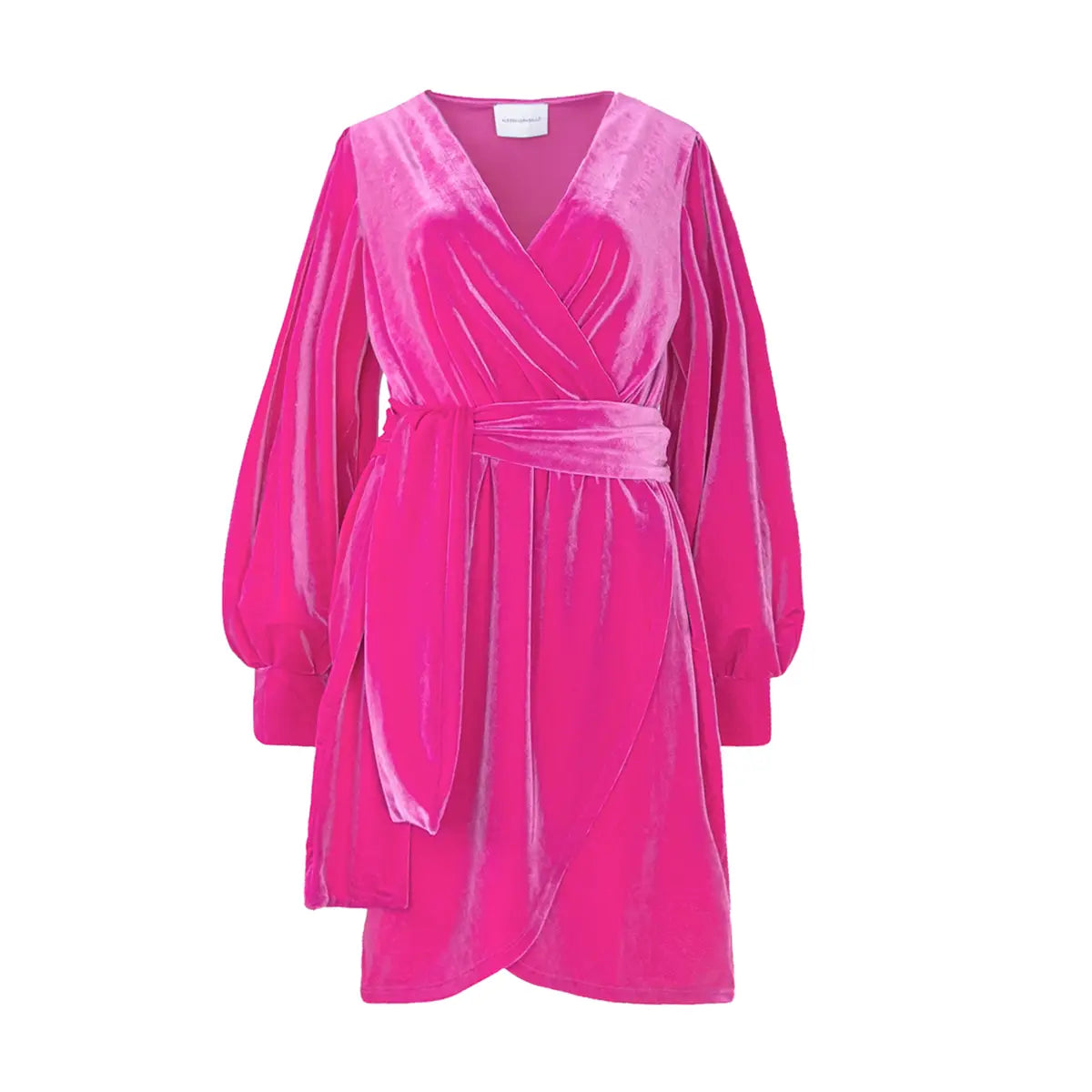 Abito corto OFELIA di Alessandra Gallo in ciniglia fucsia con cintura rimovibile in vita, con scollo a V, maniche lunghe ambia e polsino - vista frontale - Day&Night Collection