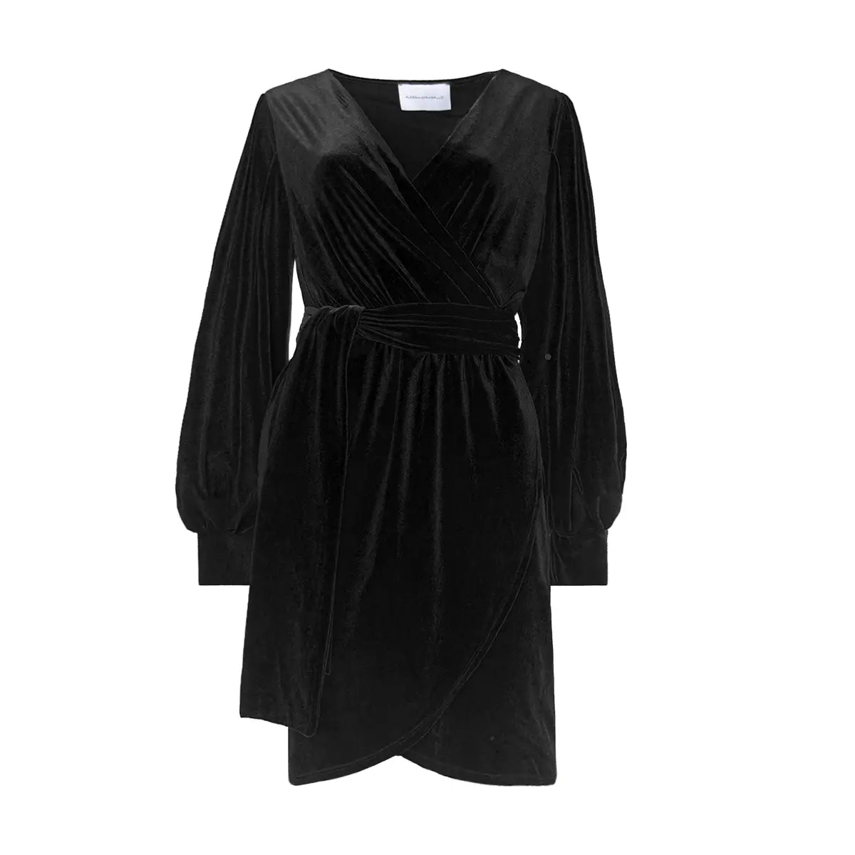 Abito corto OFELIA di Alessandra Gallo in ciniglia nero con cintura rimovibile in vita, con scollo a V, maniche lunghe ambia e polsino - vista frontale - Day&Night Collection