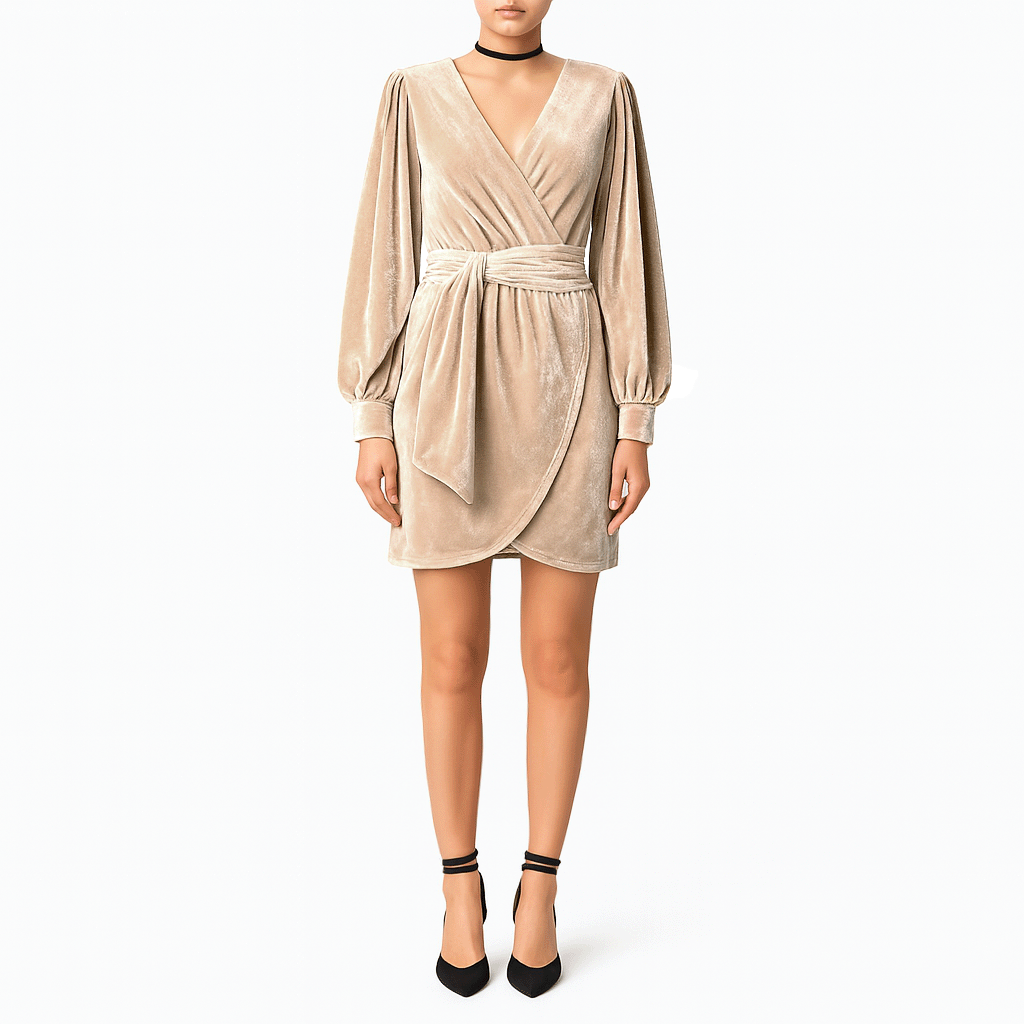 Abito corto OFELIA di Alessandra Gallo in ciniglia beige con cintura rimovibile in vita, con scollo a V, maniche lunghe ambia e polsino - indossato frontale - Day&Night Collection