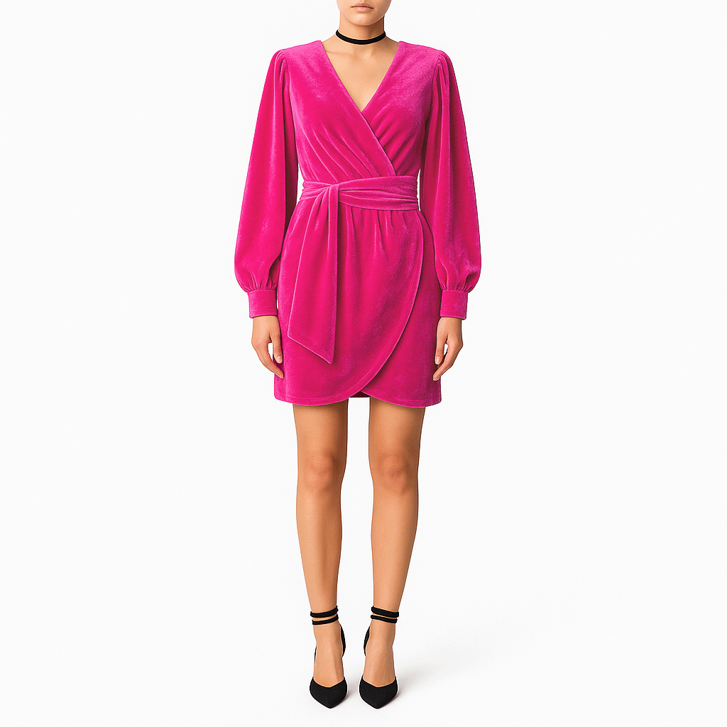 Abito corto OFELIA di Alessandra Gallo in ciniglia fucsia con cintura rimovibile in vita, con scollo a V, maniche lunghe ambia e polsino - indossato frontale - Day&Night Collection