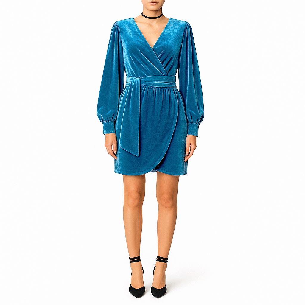 Abito corto OFELIA di Alessandra Gallo in ciniglia ottanio con cintura rimovibile in vita, con scollo a V, maniche lunghe ambia e polsino - indossato frontale - Day&Night Collection