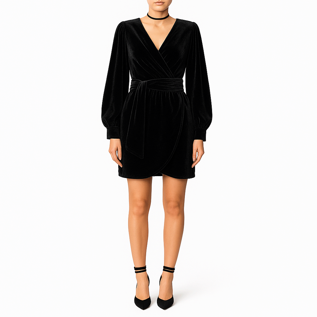 Abito corto OFELIA di Alessandra Gallo in ciniglia nero con cintura rimovibile in vita, con scollo a V, maniche lunghe ambia e polsino - indossato frontale - Day&Night Collection