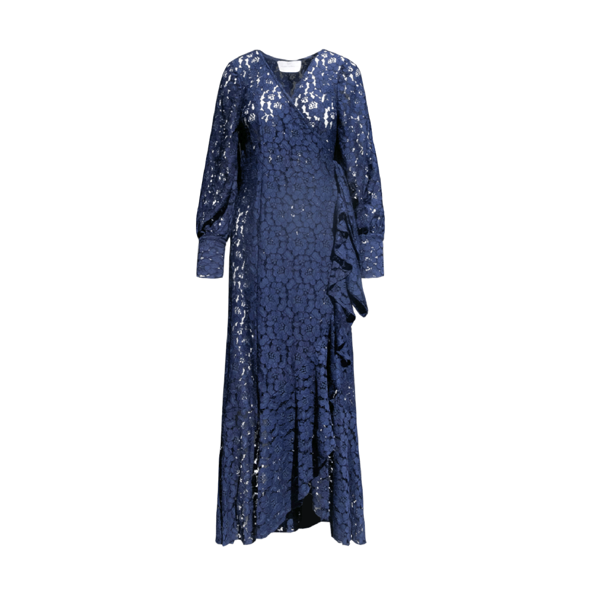 abito lungo a portafoglio OLLIE di Alessandra Gallo in pizzo blu con maniche lunghe e rouge sulla lunghezza - vista frontale - The Dreamy Collection