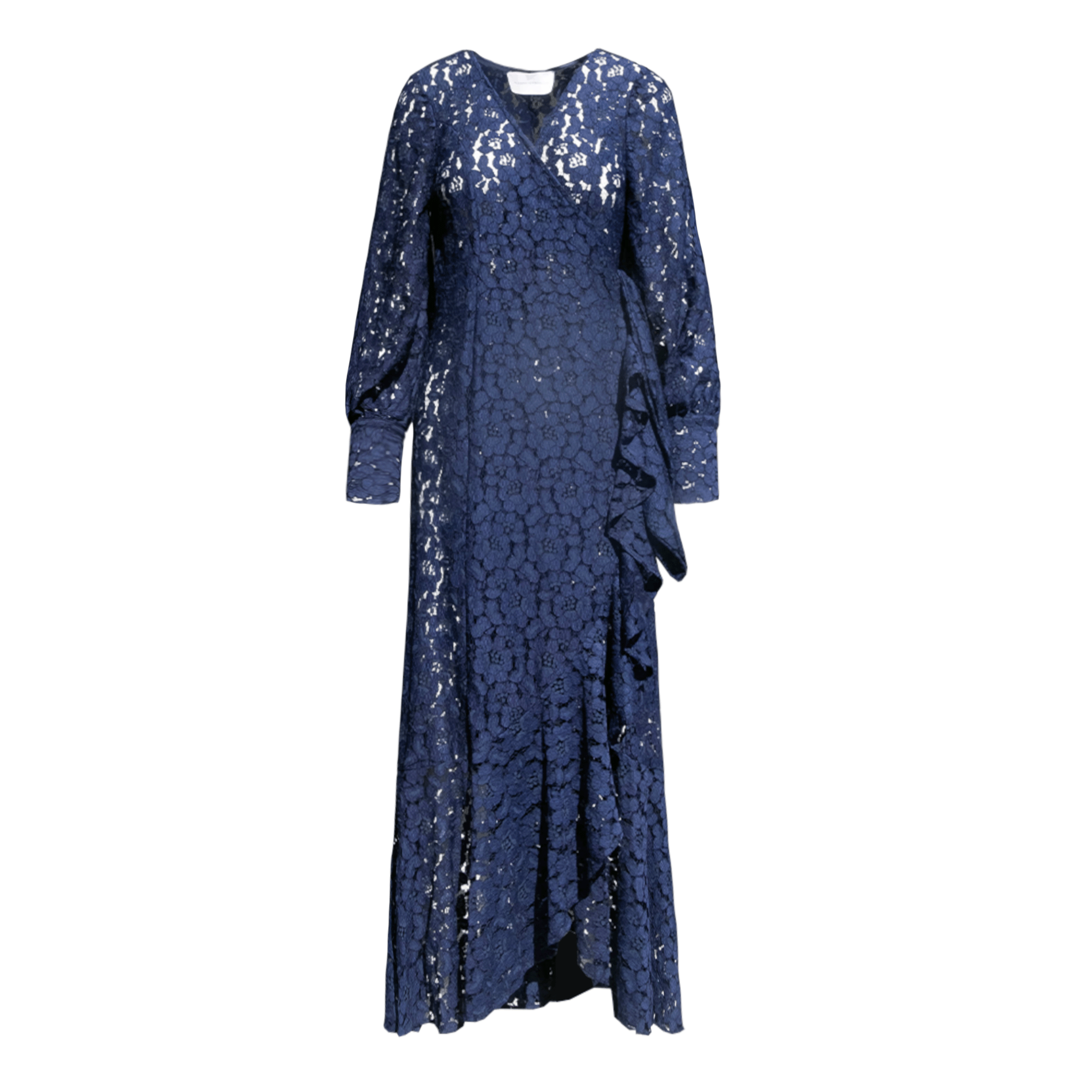 Abito lungo a portafoglio OLLIE di Alessandra Gallo in pizzo blu - vista frontale - The Dreamy Collection
