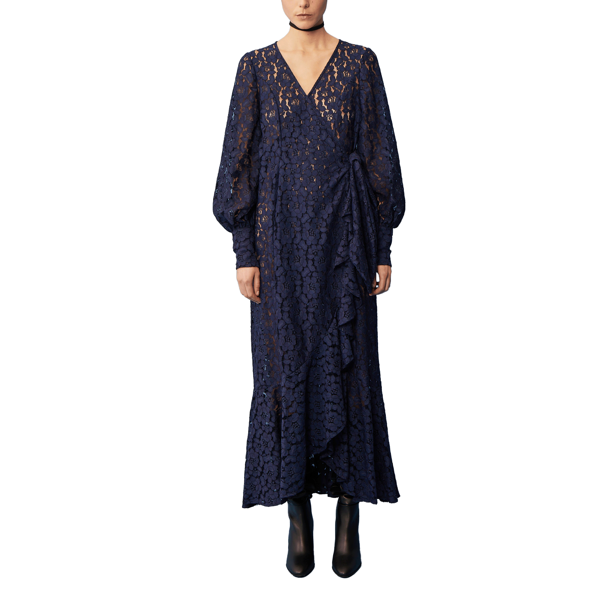 Abito lungo a portafoglio OLLIE di Alessandra Gallo in pizzo blu - indossato frontale - The Dreamy Collection