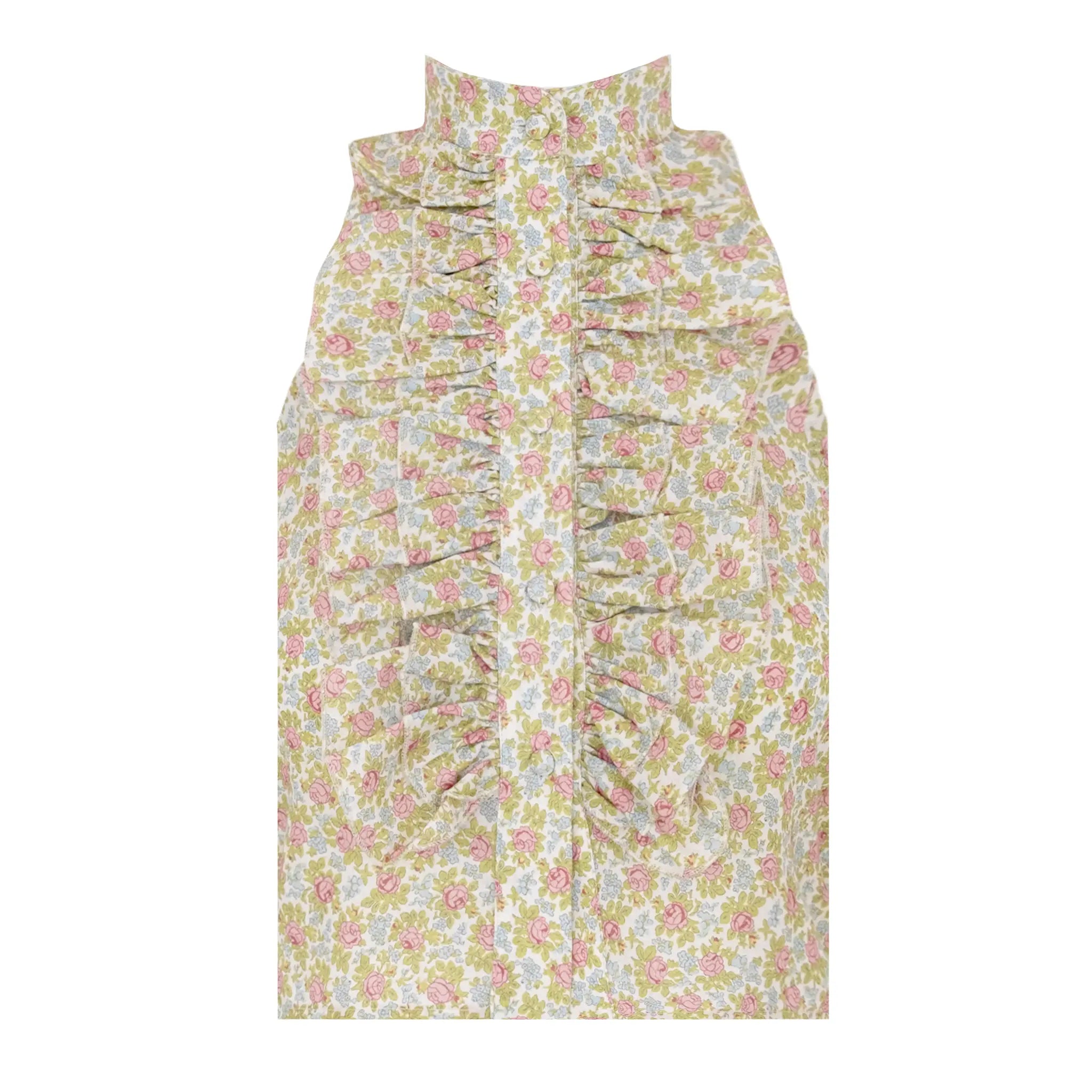 ORCHIDEA top di Alessandra Gallo con schiena nuda e fiocco, bottoni centrali ricoperti e volant in cotone fantasia Ephrussi - Printemps Collection - Made in Italy - vista frontale