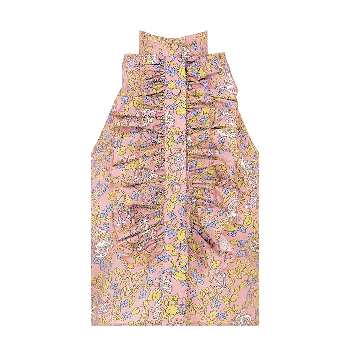 ORCHIDEA top di Alessandra Gallo con schiena nuda e fiocco, bottoni centrali ricoperti e volant in cotone fantasia Pink Obsession - The Obsession Collection - Made in Italy - vista frontale