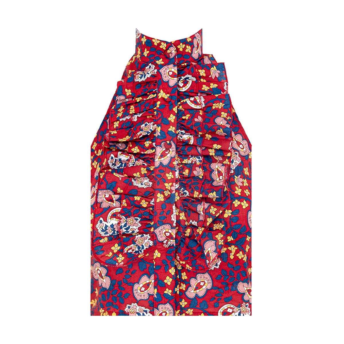 ORCHIDEA top di Alessandra Gallo con schiena nuda e fiocco, bottoni centrali ricoperti e volant in cotone fantasia Red Obsession - The Obsession Collection - Made in Italy - vista frontale