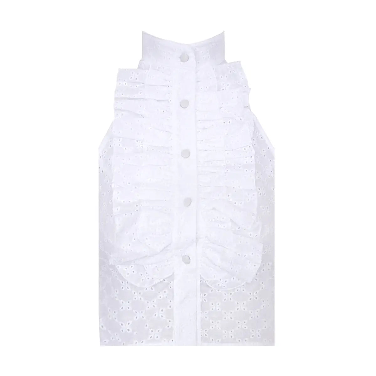 ORCHIDEA top di Alessandra Gallo con schiena nuda e fiocco, bottoni centrali ricoperti e volant in cotone Sangallo - Broderie Collection - Made in Italy - vista frontale