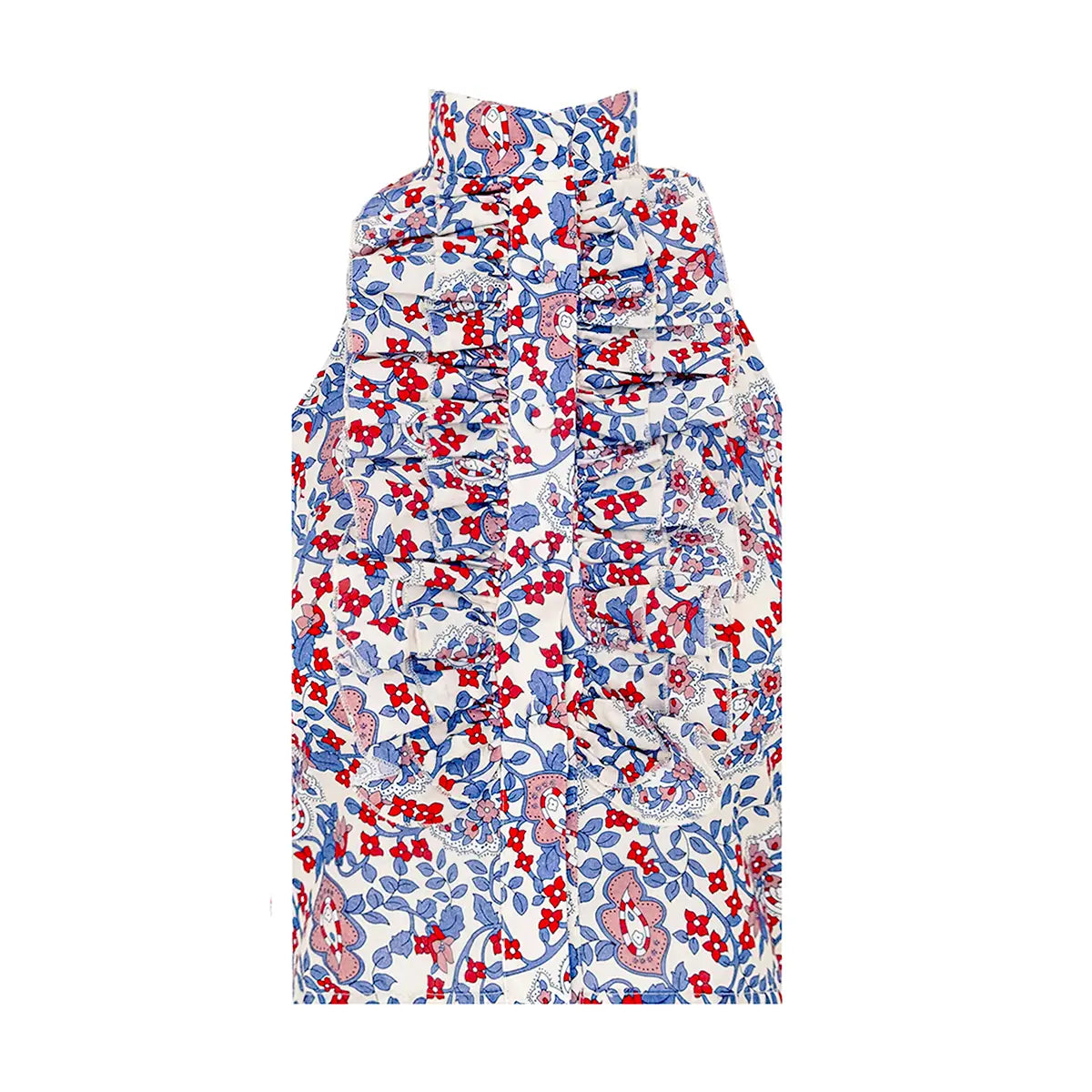 ORCHIDEA top di Alessandra Gallo con schiena nuda e fiocco, bottoni centrali ricoperti e volant in cotone fantasia White Obsession - The Obsession Collection - Made in Italy - vista frontale