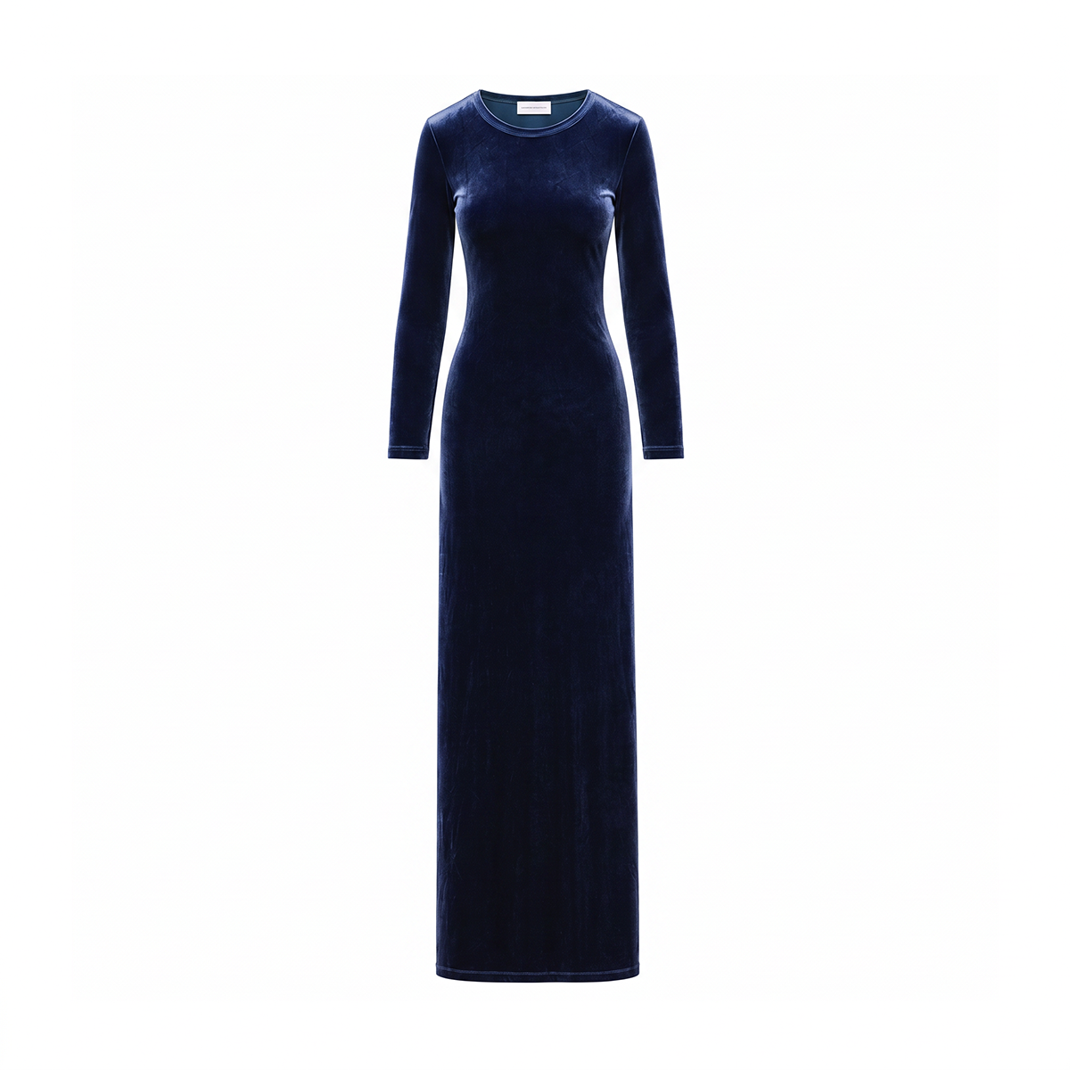 ORNELLA, abito lungo in ciniglia blu con girocollo e maniche lunghe.