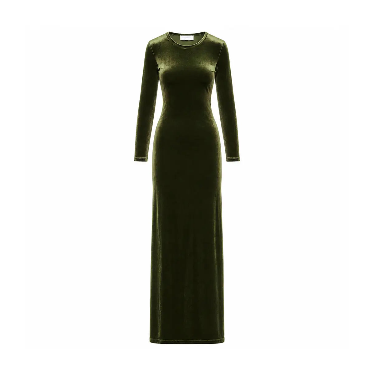ORNELLA, abito lungo in ciniglia verde con girocollo e maniche lunghe.