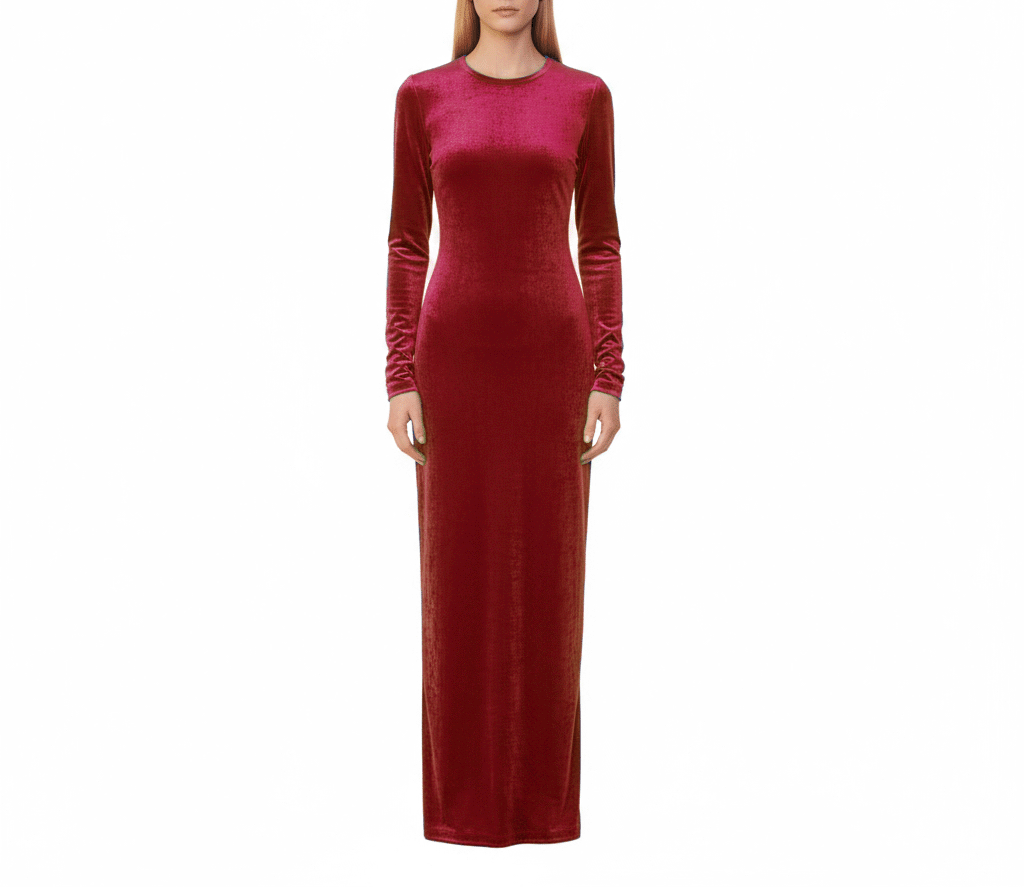 Abito lungo ORNELLA di Alessandra Gallo in ciniglia rossa con girocollo e maniche lunghe - indossato frontale - Day&Night Collection