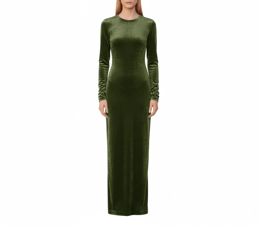 Abito lungo ORNELLA di Alessandra Gallo in ciniglia verde con girocollo e maniche lunghe - indossato frontale -Day&Night Collection