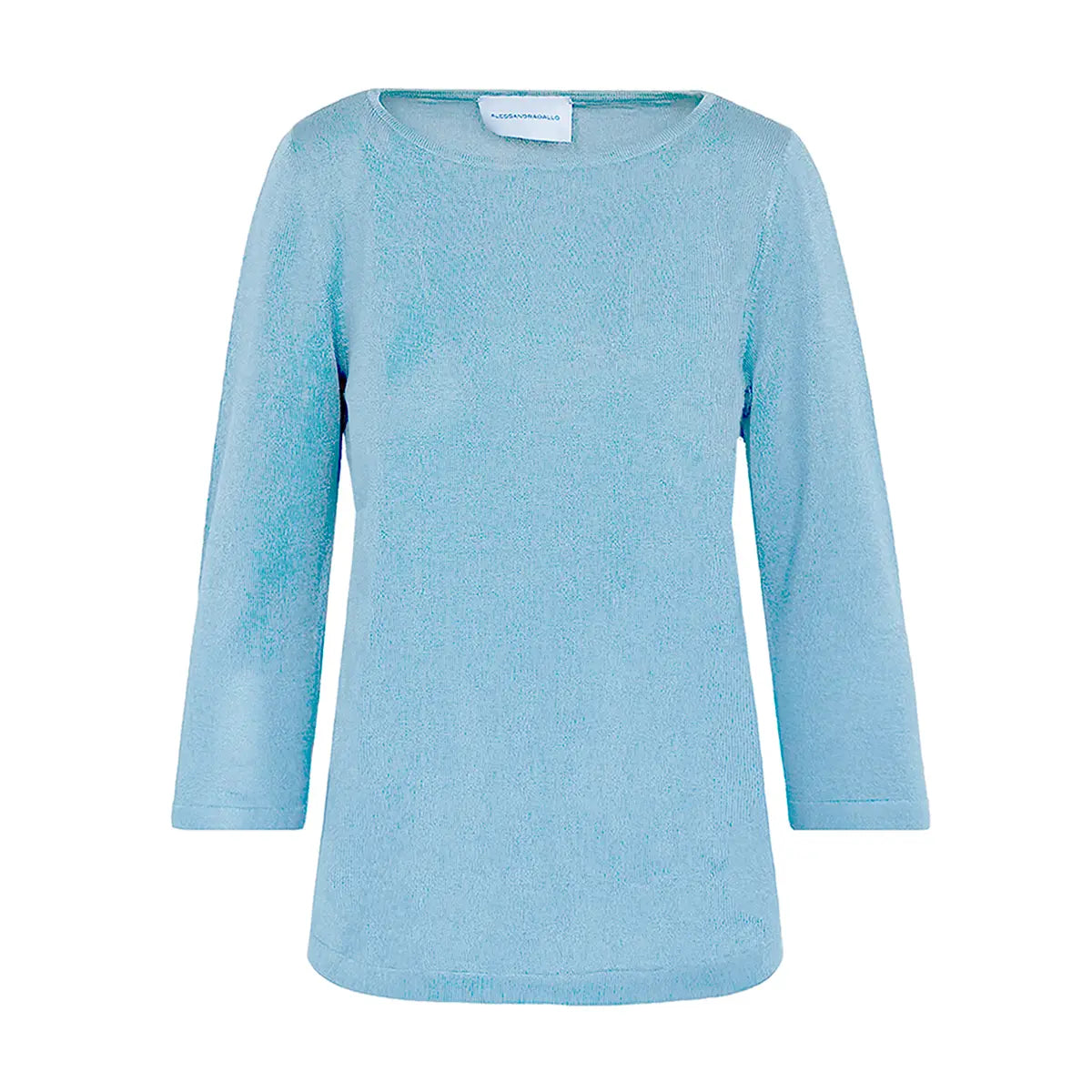 ORTENSIA, t-shirt in cotone azzurro con girocollo e maniche a tre quarti.