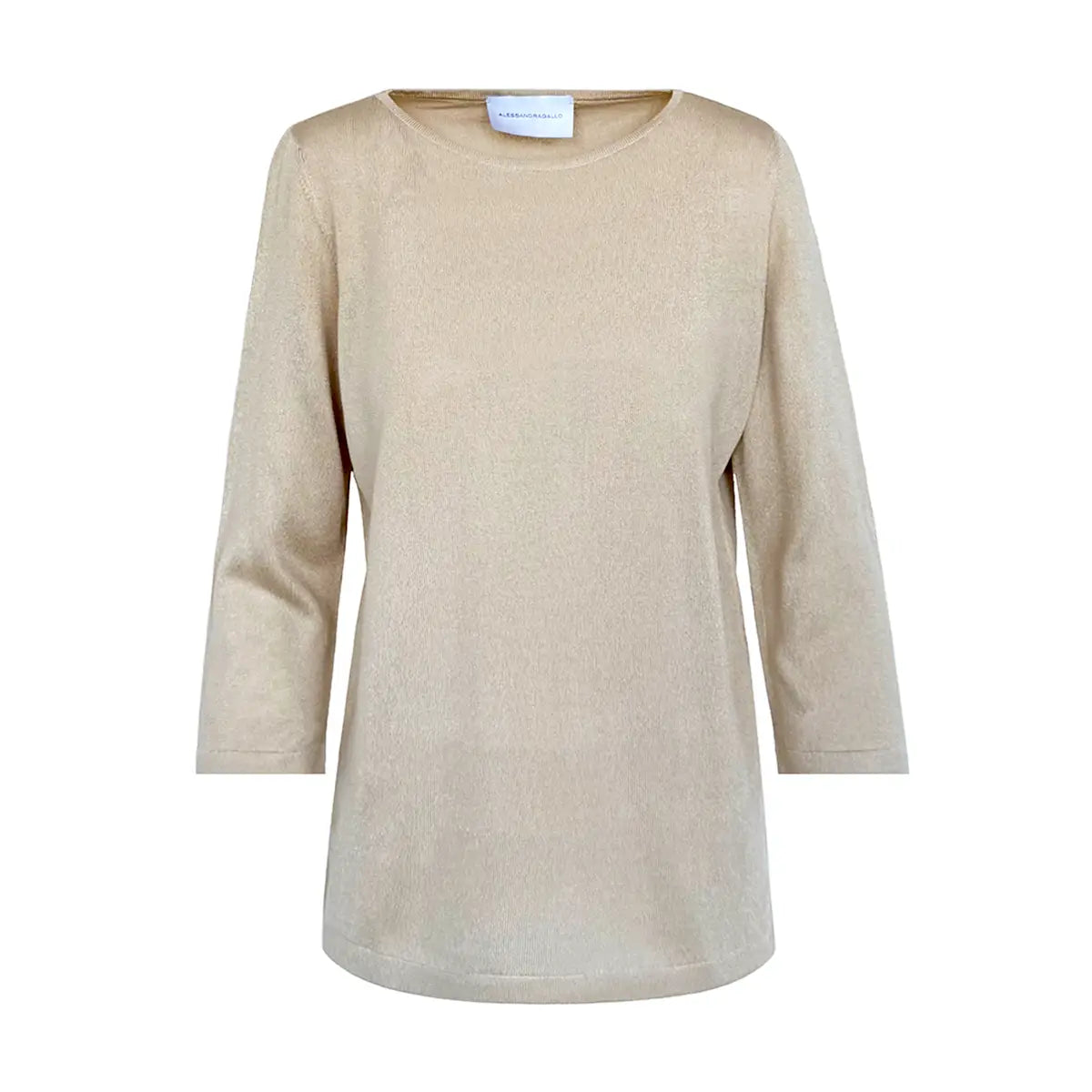 ORTENSIA, t-shirt in cotone beige con girocollo e maniche a tre quarti.
