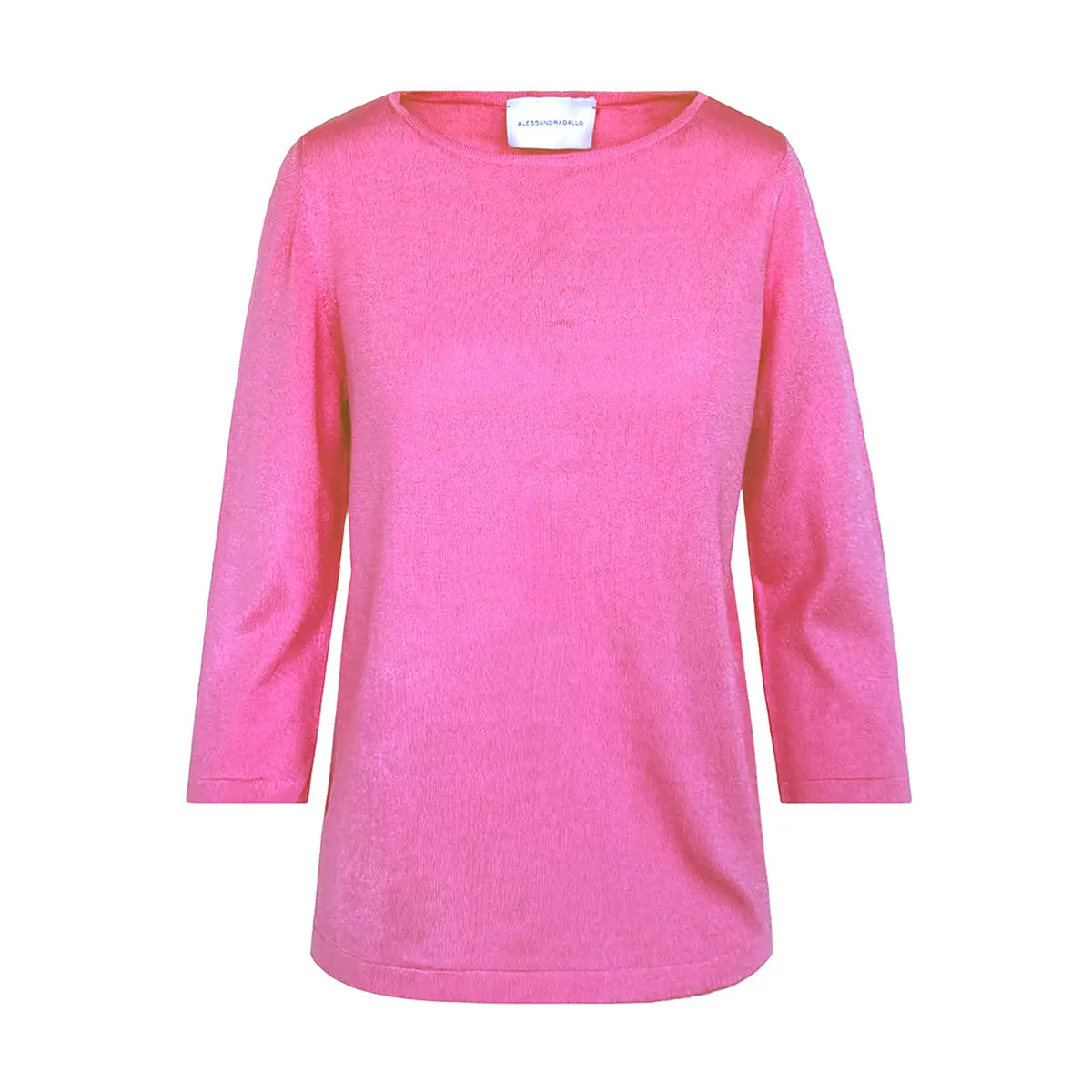 ORTENSIA, t-shirt in cotone fucsia con girocollo e maniche a tre quarti.