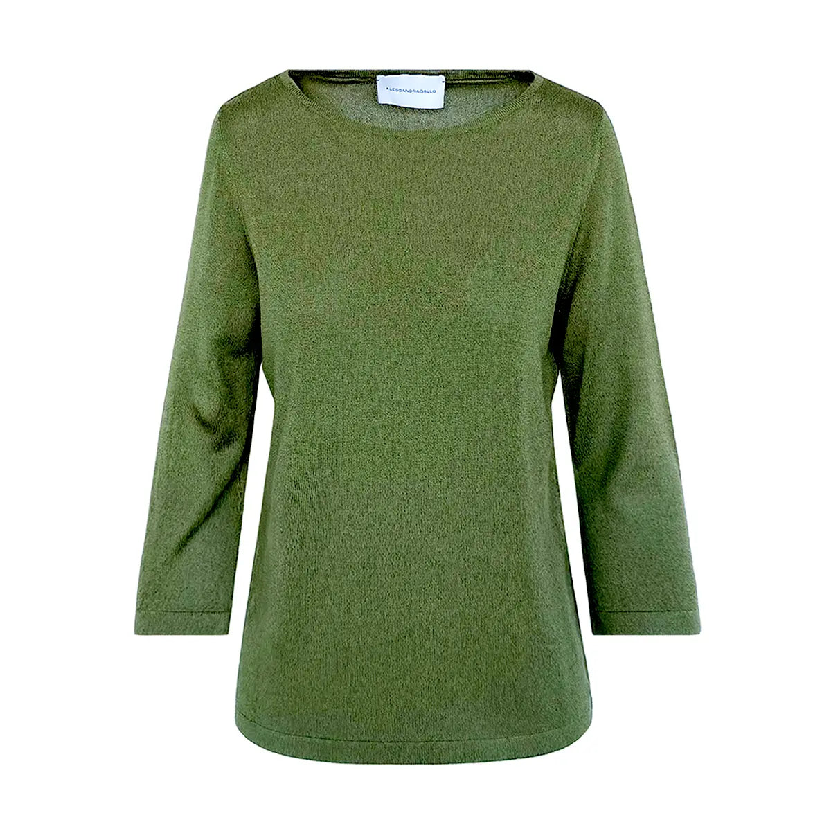 ORTENSIA, t-shirt in cotone verde militare con girocollo e maniche a tre quarti.