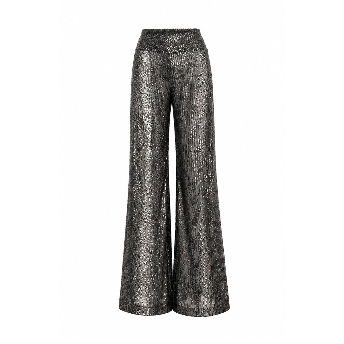 MIMI, pantalone palazzo in paillettes argento antracite.