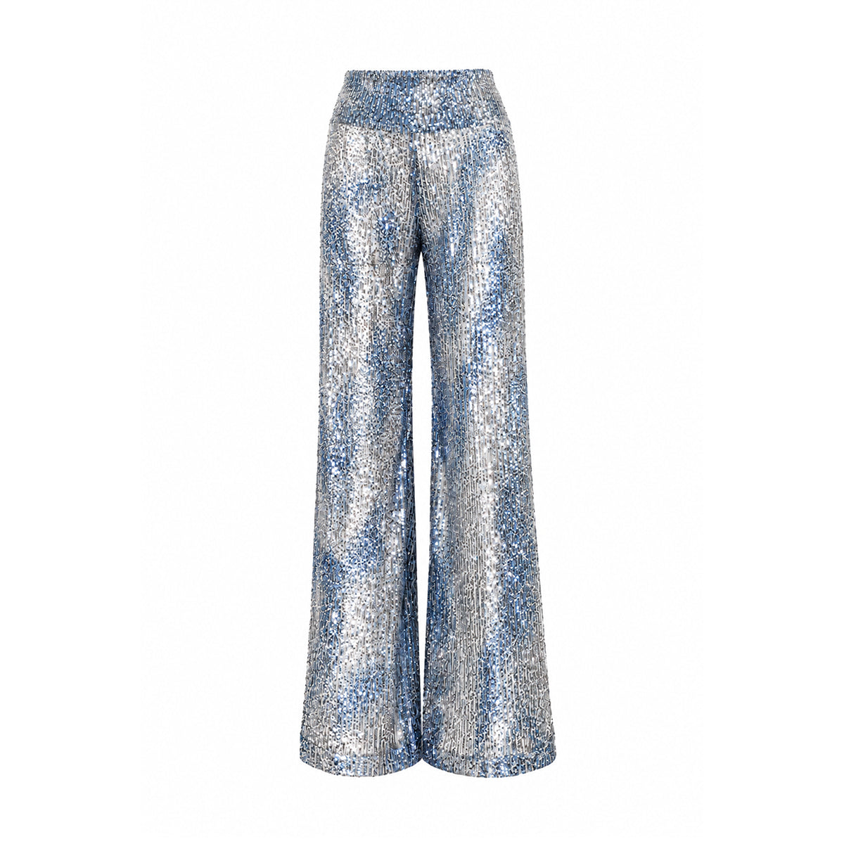 MIMI, pantalone palazzo in paillettes melange argento e azzurre..