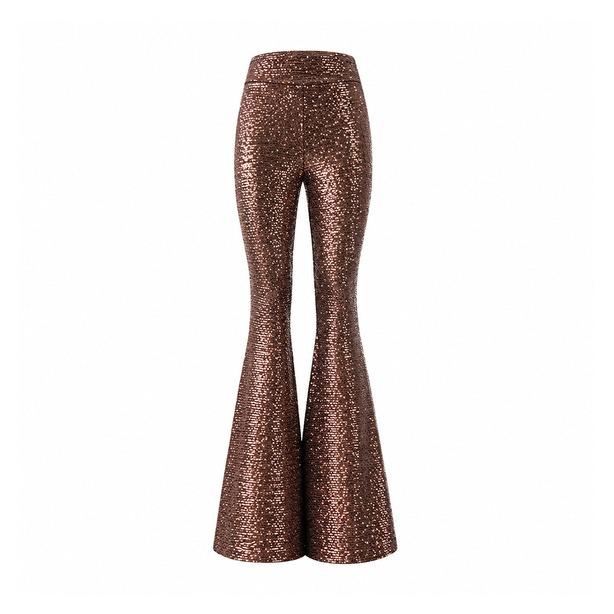 LOLA, pantalone a zampa in paillettes marroni.