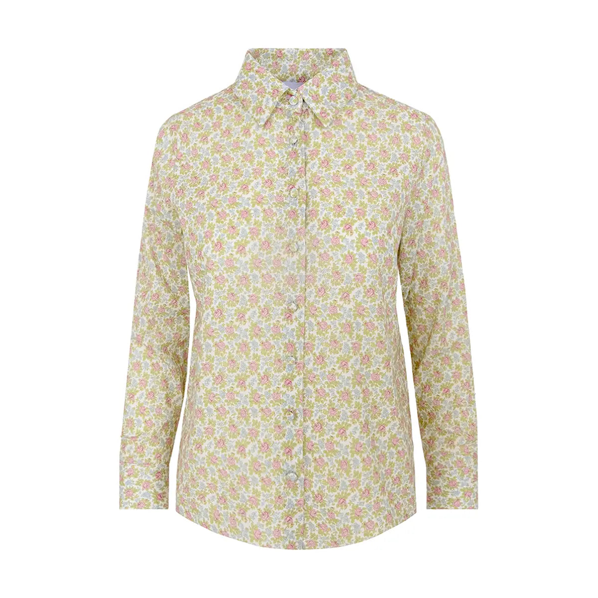 camicia PEONIA di Alessandra Gallo con maniche lunghe, collo all'italiana e bottoni rivestiti in mussola di cotone fantasia Ephrussi - Printemps Collection - Made in Italy - vista frontale