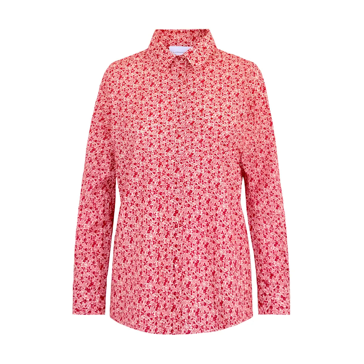 camicia PEONIA di Alessandra Gallo con maniche lunghe, collo all'italiana e bottoni rivestiti in mussola di cotone fantasia Mirabell - Printemps Collection - Made in Italy - vista frontale
