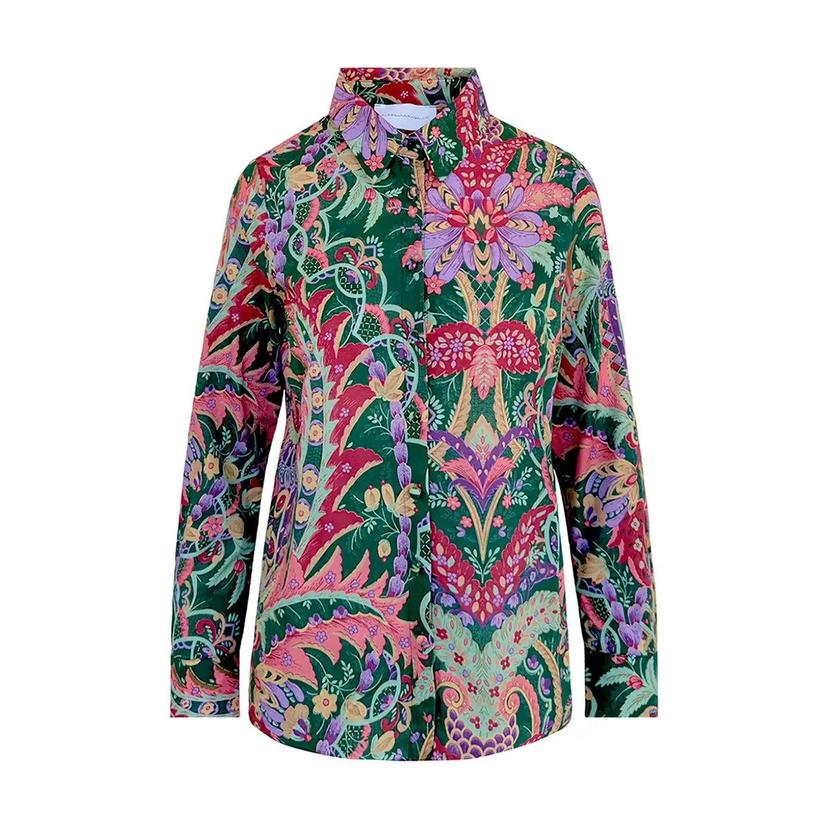 camicia PEONIA di Alessandra Gallo con maniche lunghe, collo all'italiana e bottoni rivestiti in mussola di cotone fantasia Pergola - Printemps Collection - Made in Italy - vista frontale