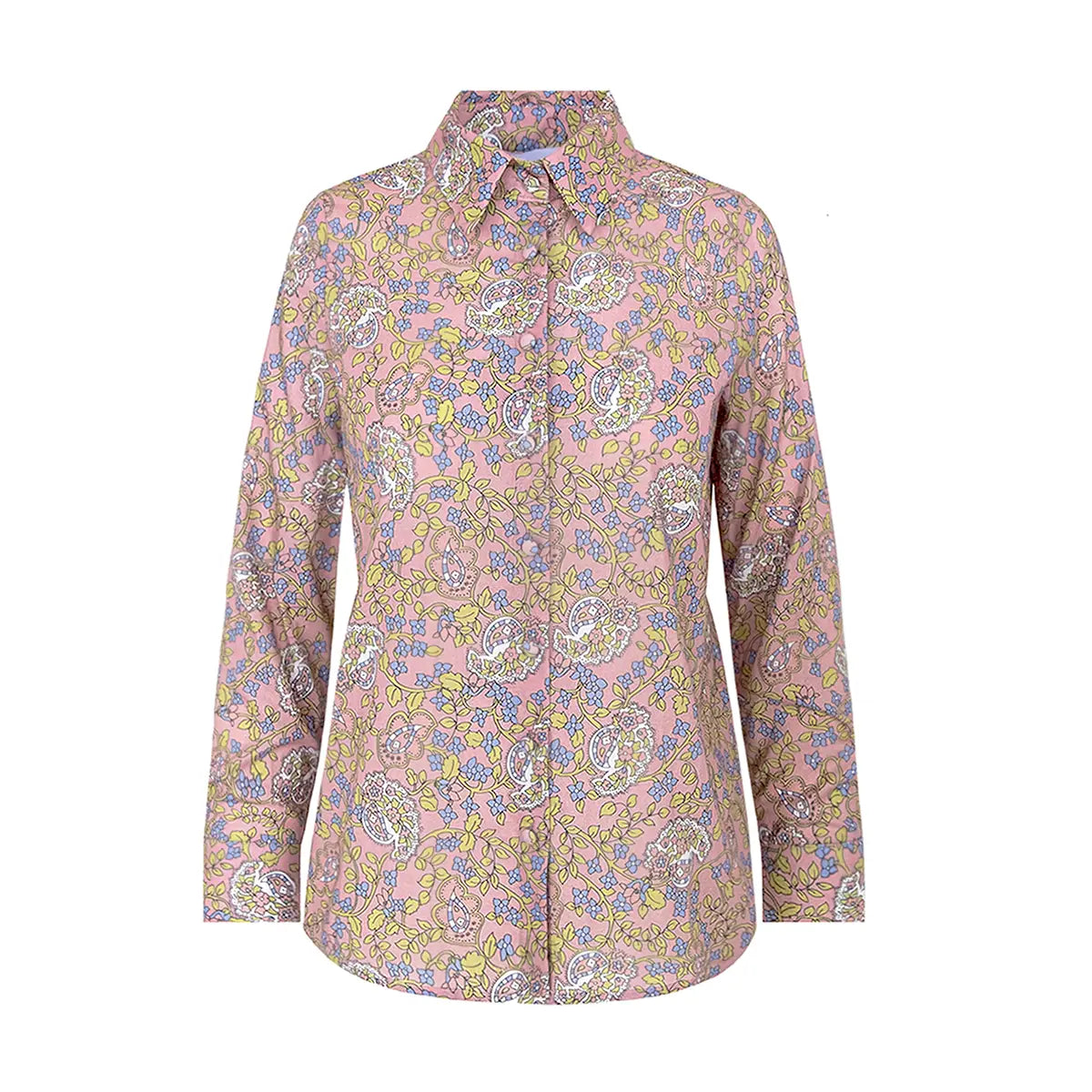 camicia PEONIA di Alessandra Gallo con maniche lunghe, collo all'italiana e bottoni rivestiti in mussola di cotone fantasia Pink Obsession - The Obsession Collection - Made in Italy - vista frontale