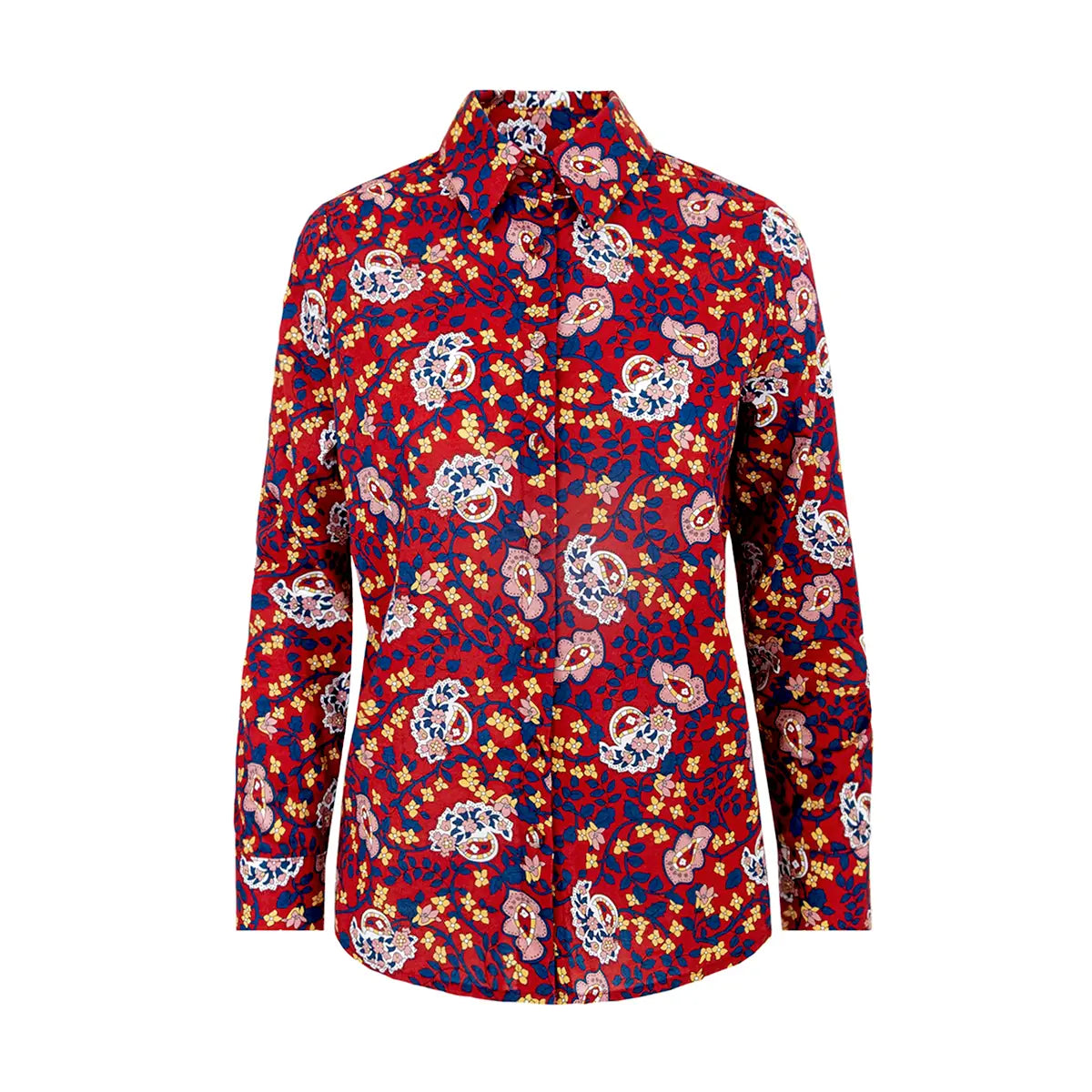 camicia PEONIA di Alessandra Gallo con maniche lunghe, collo all'italiana e bottoni rivestiti in mussola di cotone fantasia Red Obsession - The Obsession Collection - Made in Italy - vista frontale