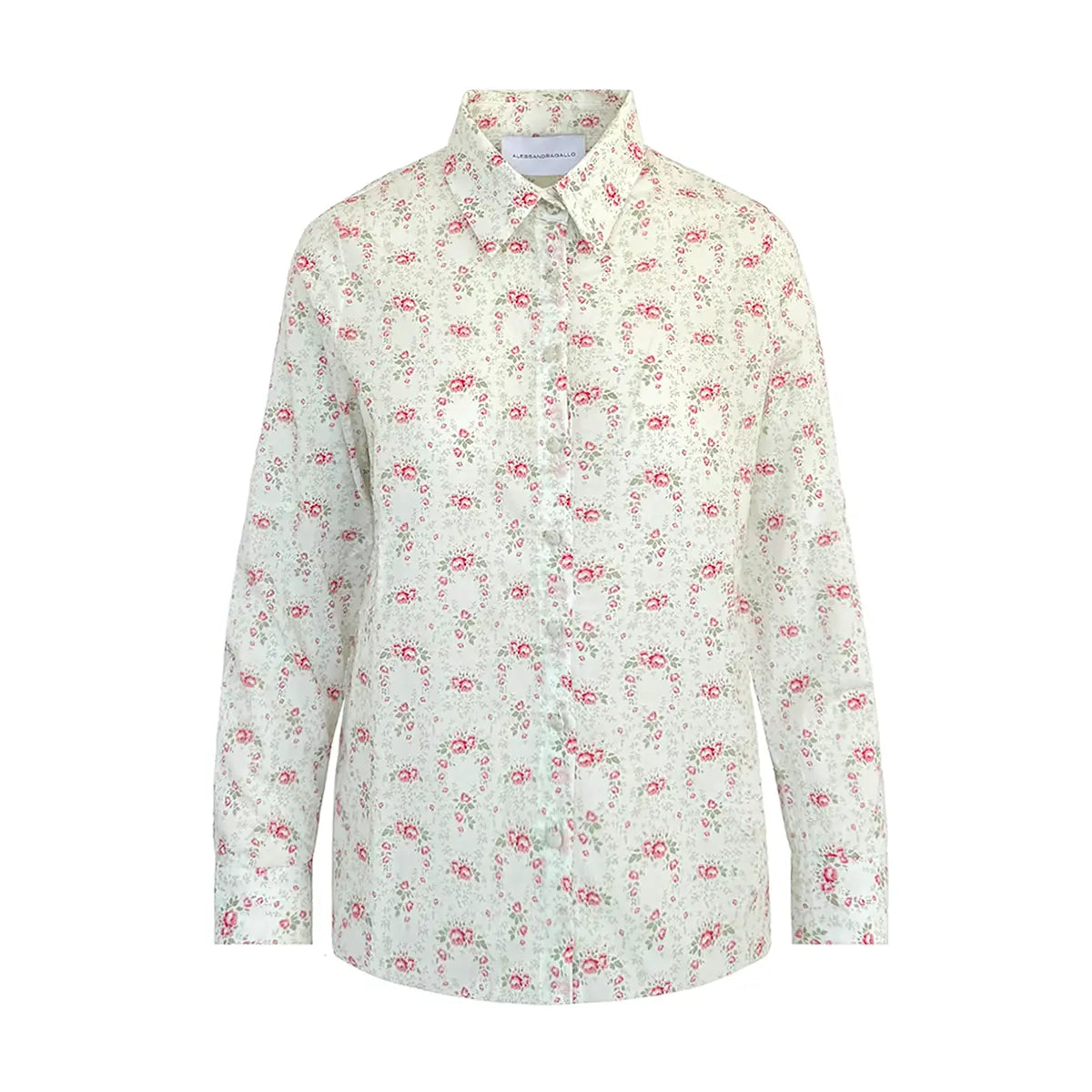 camicia PEONIA di Alessandra Gallo con maniche lunghe, collo all'italiana e bottoni rivestiti in mussola di cotone fantasia Sassousi - Printemps Collection - Made in Italy - vista frontale