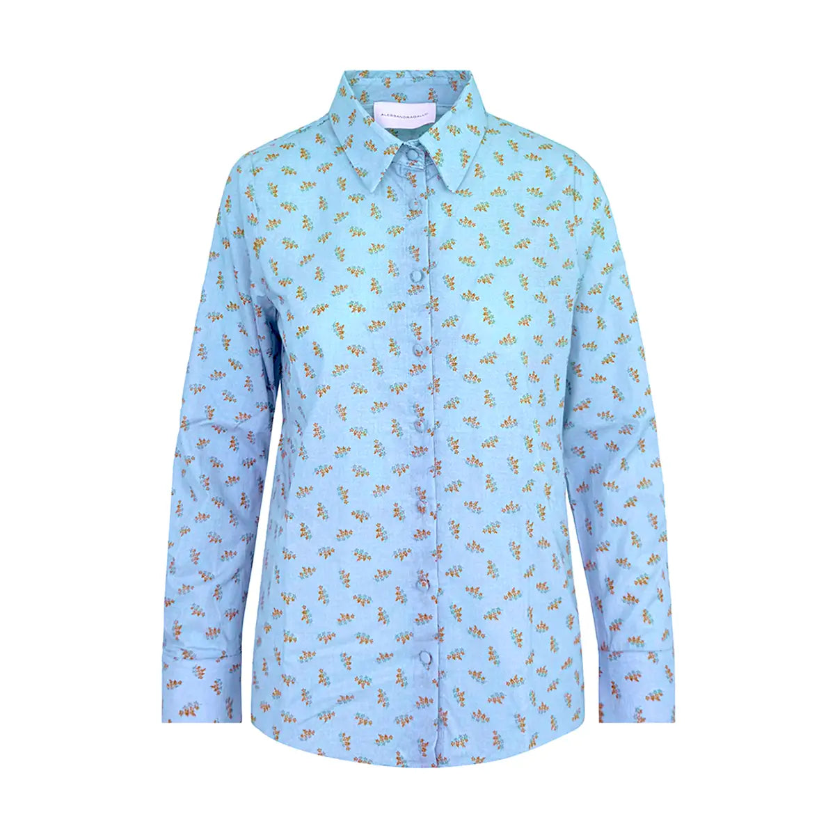 camicia PEONIA di Alessandra Gallo con maniche lunghe, collo all'italiana e bottoni rivestiti in mussola di cotone fantasia Storhead - Printemps Collection - Made in Italy - vista frontale