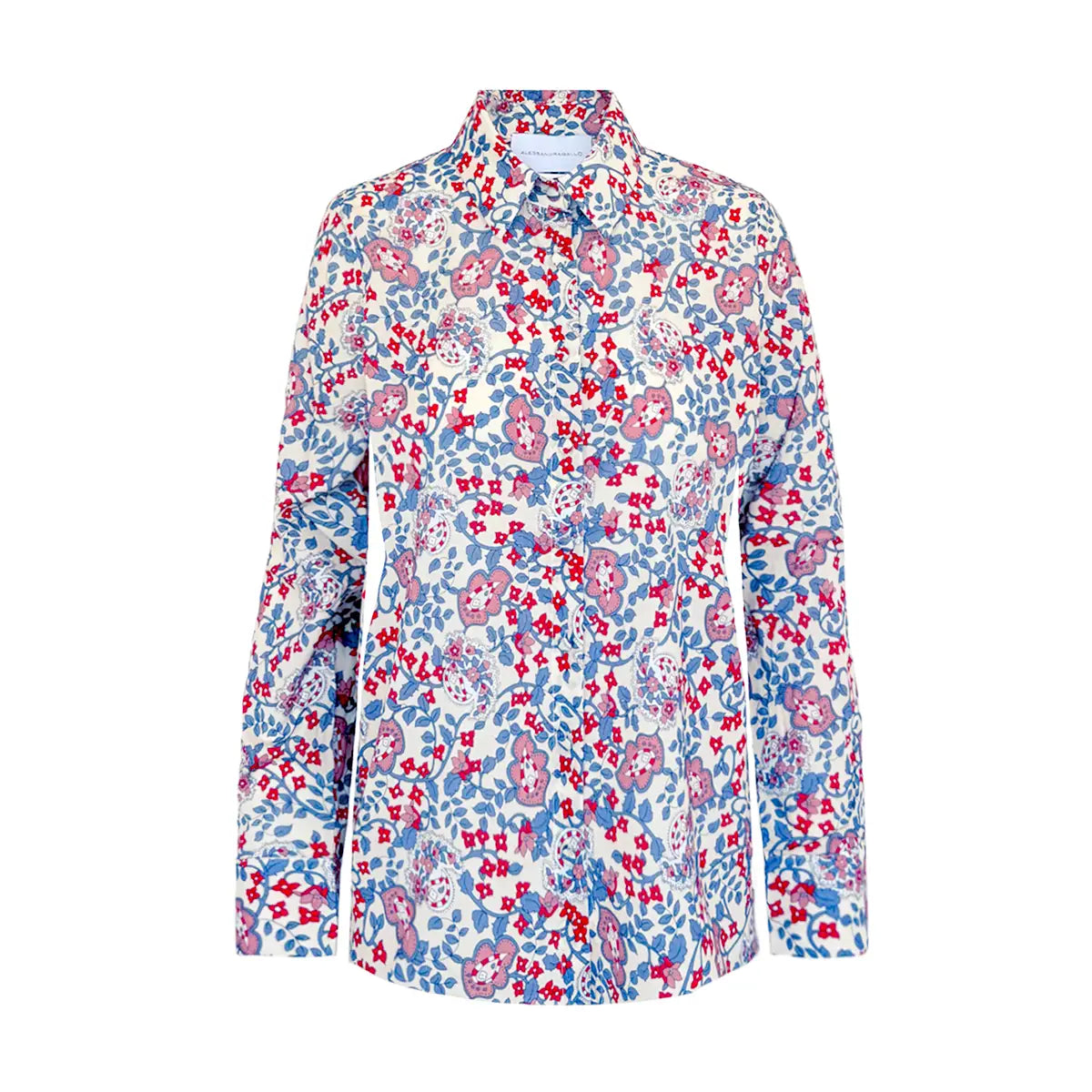 camicia PEONIA di Alessandra Gallo con maniche lunghe, collo all'italiana e bottoni rivestiti in mussola di cotone fantasia White Obsession - The Obsession Collection - Made in Italy - vista frontale