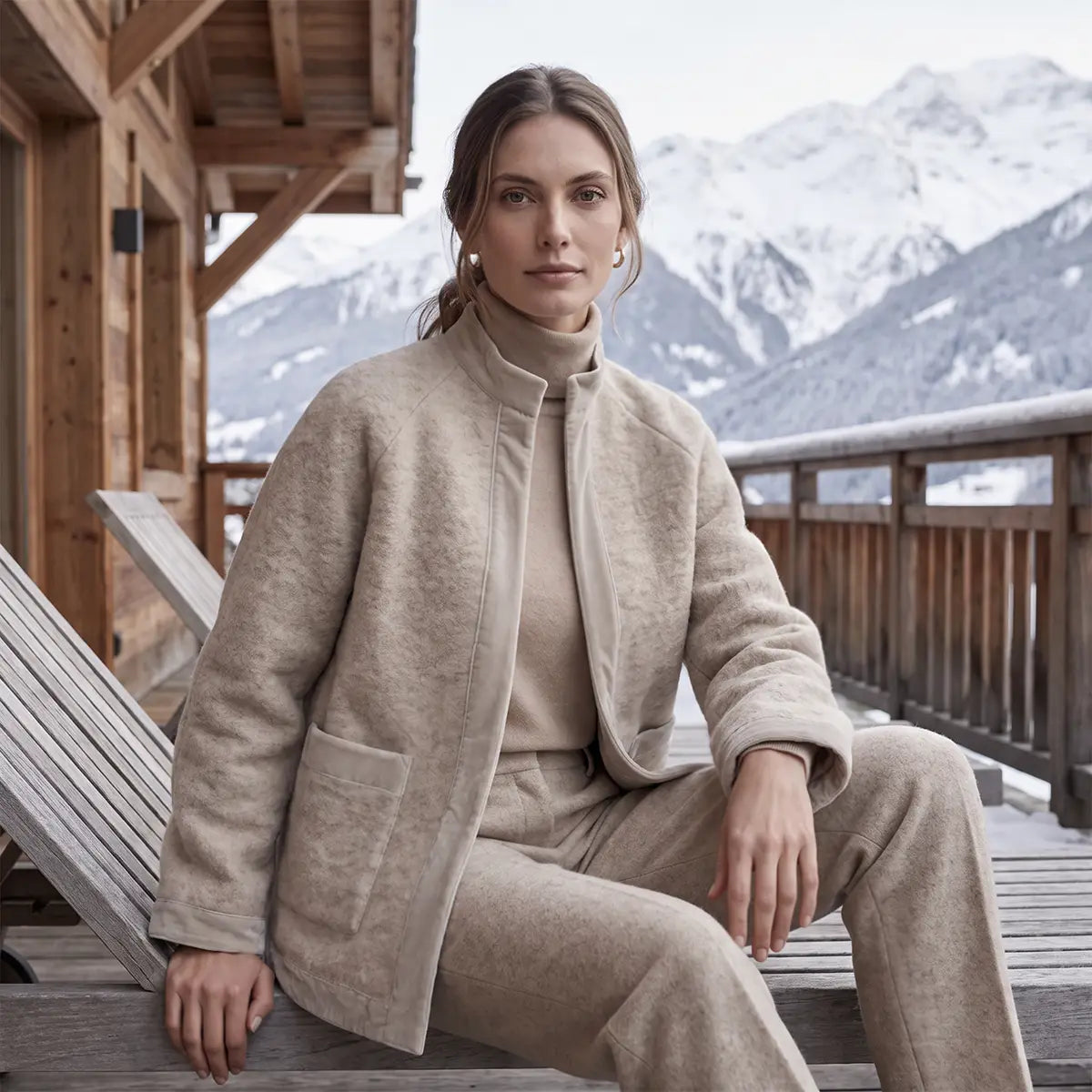 PRISCILLA, giacca in lana cotta beige con profili in velluto tono su tono, zip frontale e tasche, su modella.