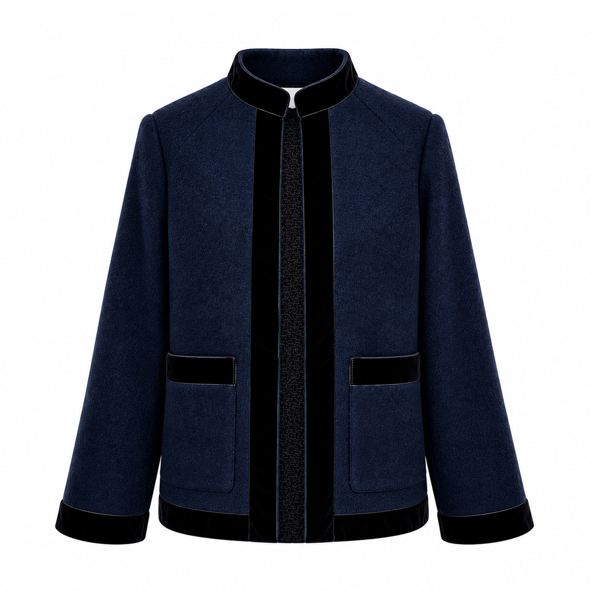PRISCILLA, giacca in lana cotta blu con profili in velluto tono su tono, zip frontale e tasche.