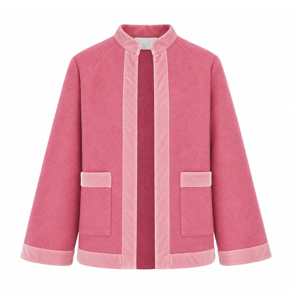 PRISCILLA, giacca in lana cotta rosa con profili in velluto tono su tono, zip frontale e tasche.