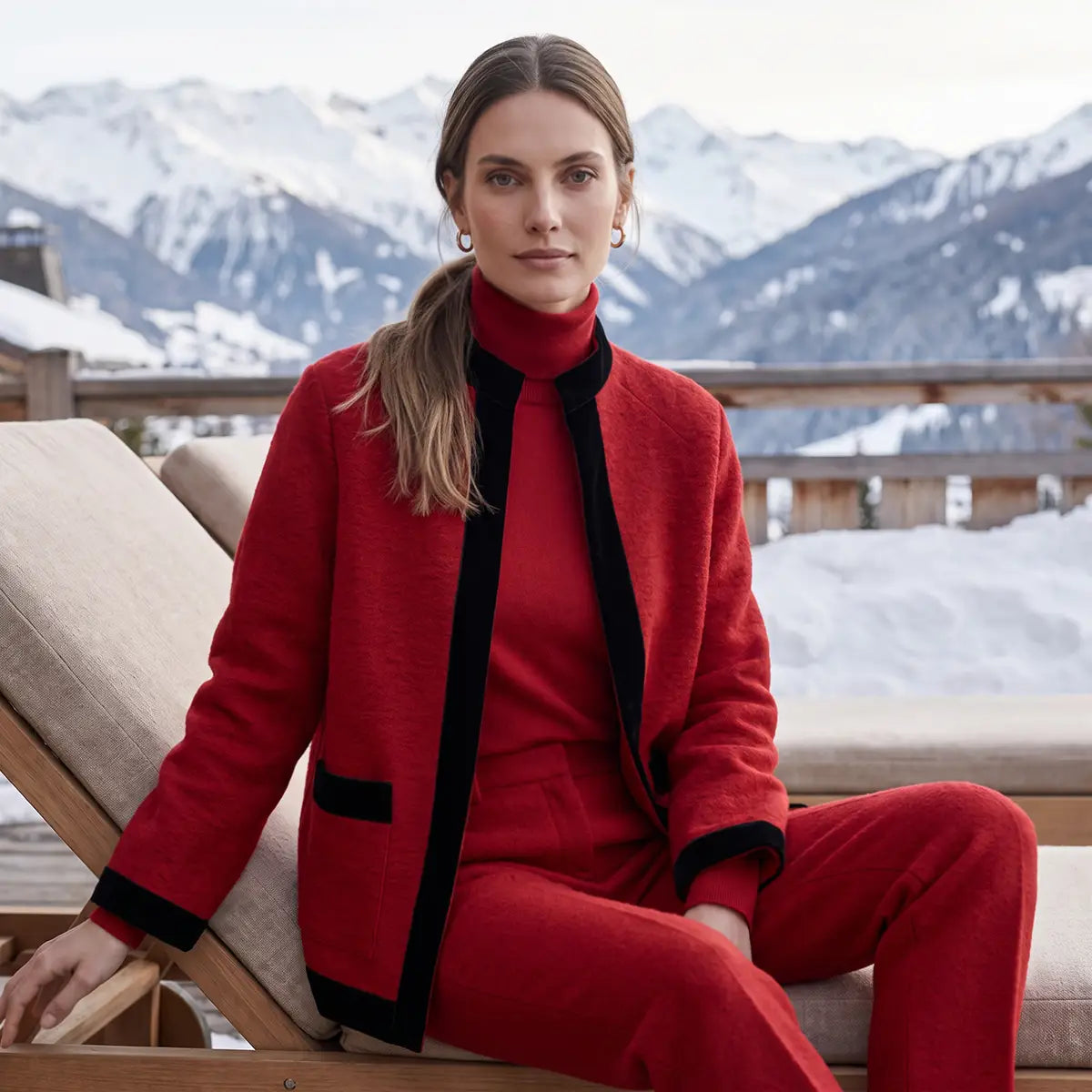 PRISCILLA, giacca in lana cotta rossa con profili in velluto nero, zip frontale e tasche, su modella.