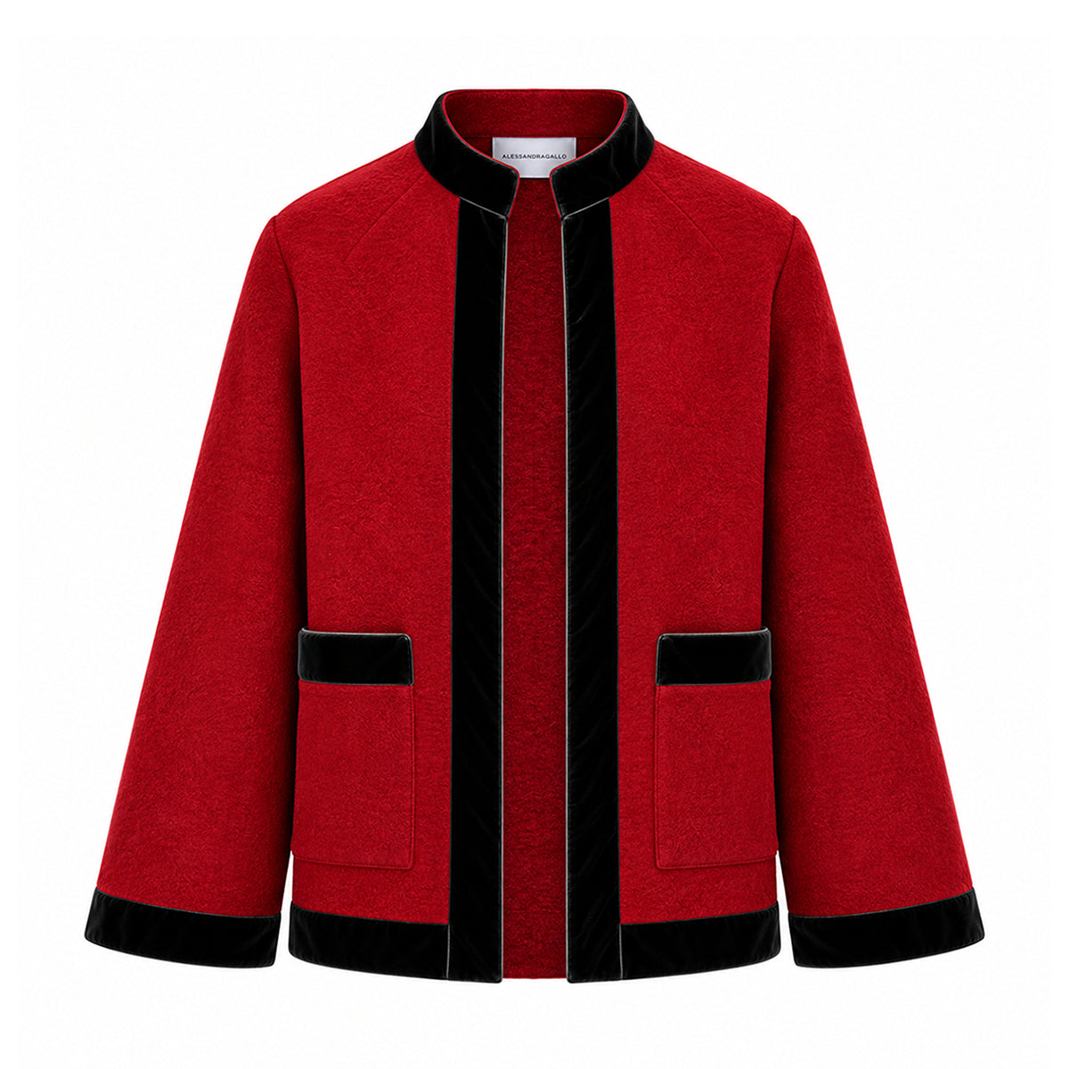 PRISCILLA, giacca in lana cotta rossa con profili in velluto nero, zip frontale e tasche.