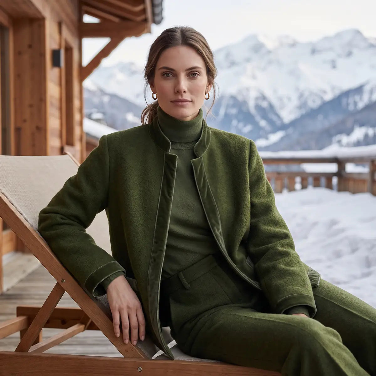 PRISCILLA, giacca in lana cotta verde militare con profili in velluto tono su tono, zip frontale e tasche, su modella.