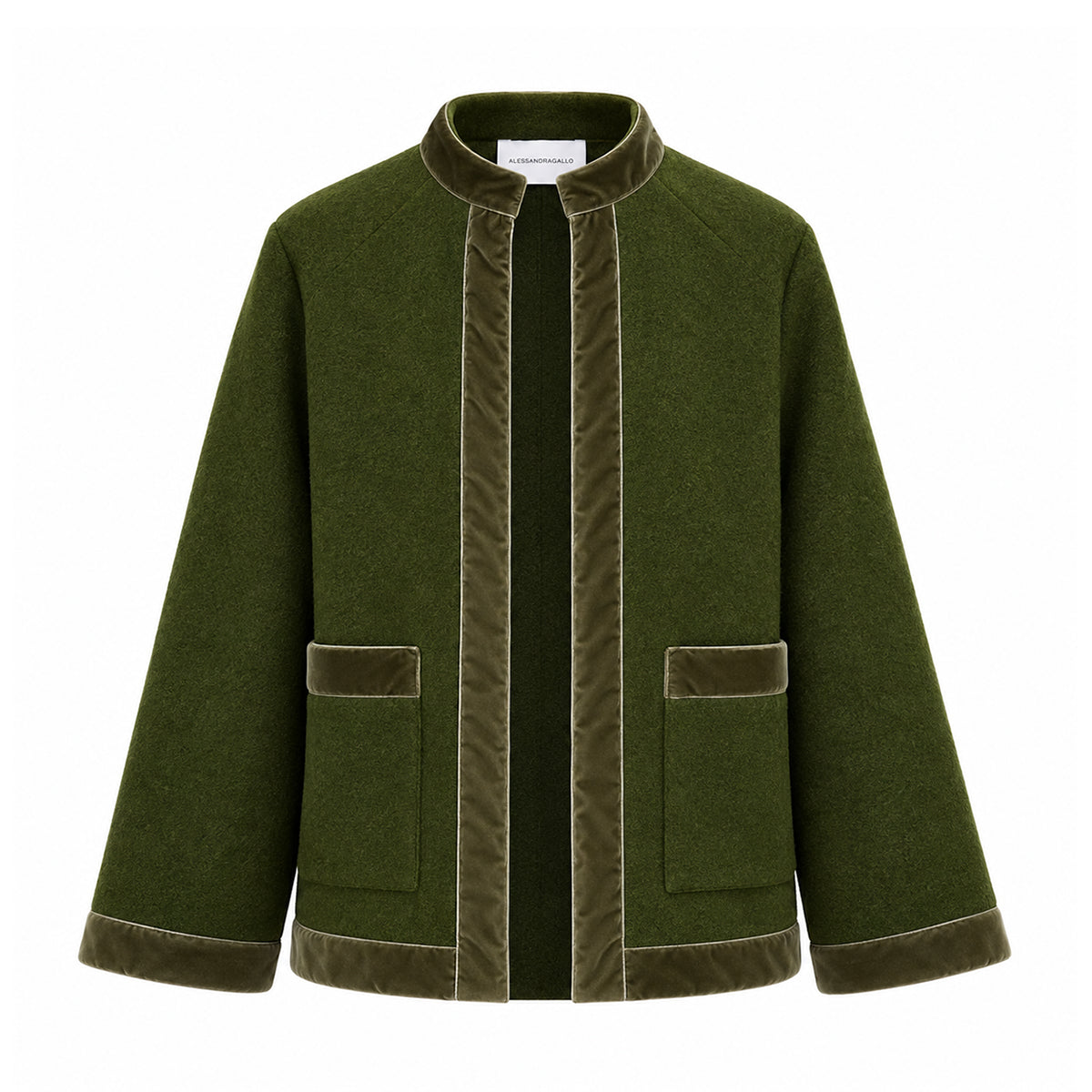 PRISCILLA, giacca in lana cotta verde militare con profili in velluto tono su tono, zip frontale e tasche.