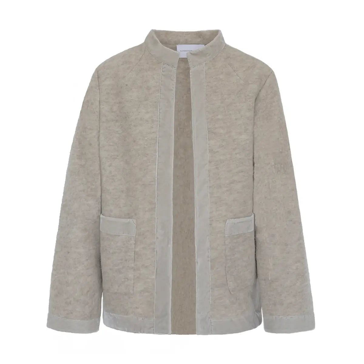 giacca PRISCILLA di Alessandra Gallo in lana cotta beige con bordi in velluto - vista frontale - The Wool collection