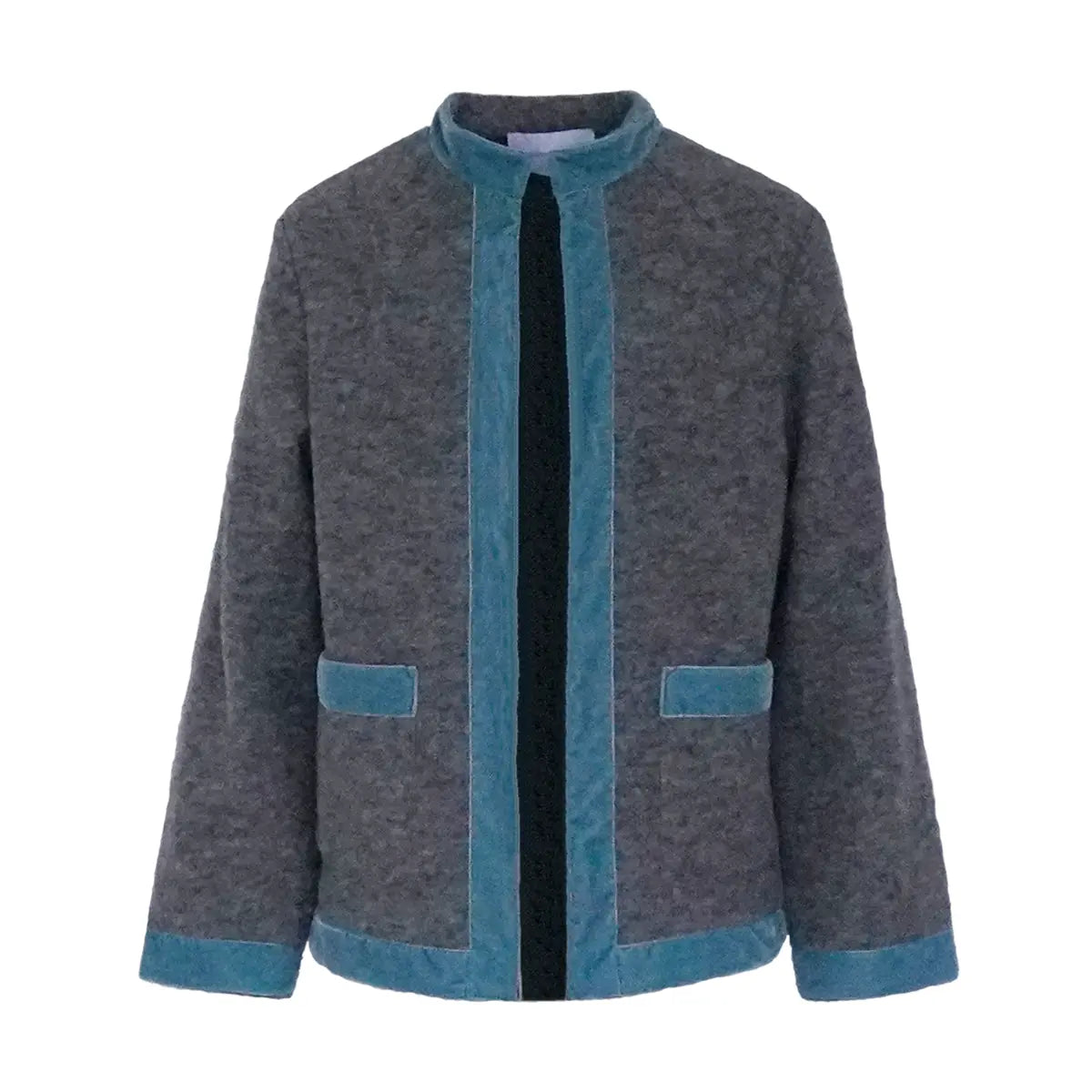 giacca PRISCILLA di Alessandra Gallo in lana cotta grigio chiaro con bordi in velluto ottanio - vista frontale - The Wool collection