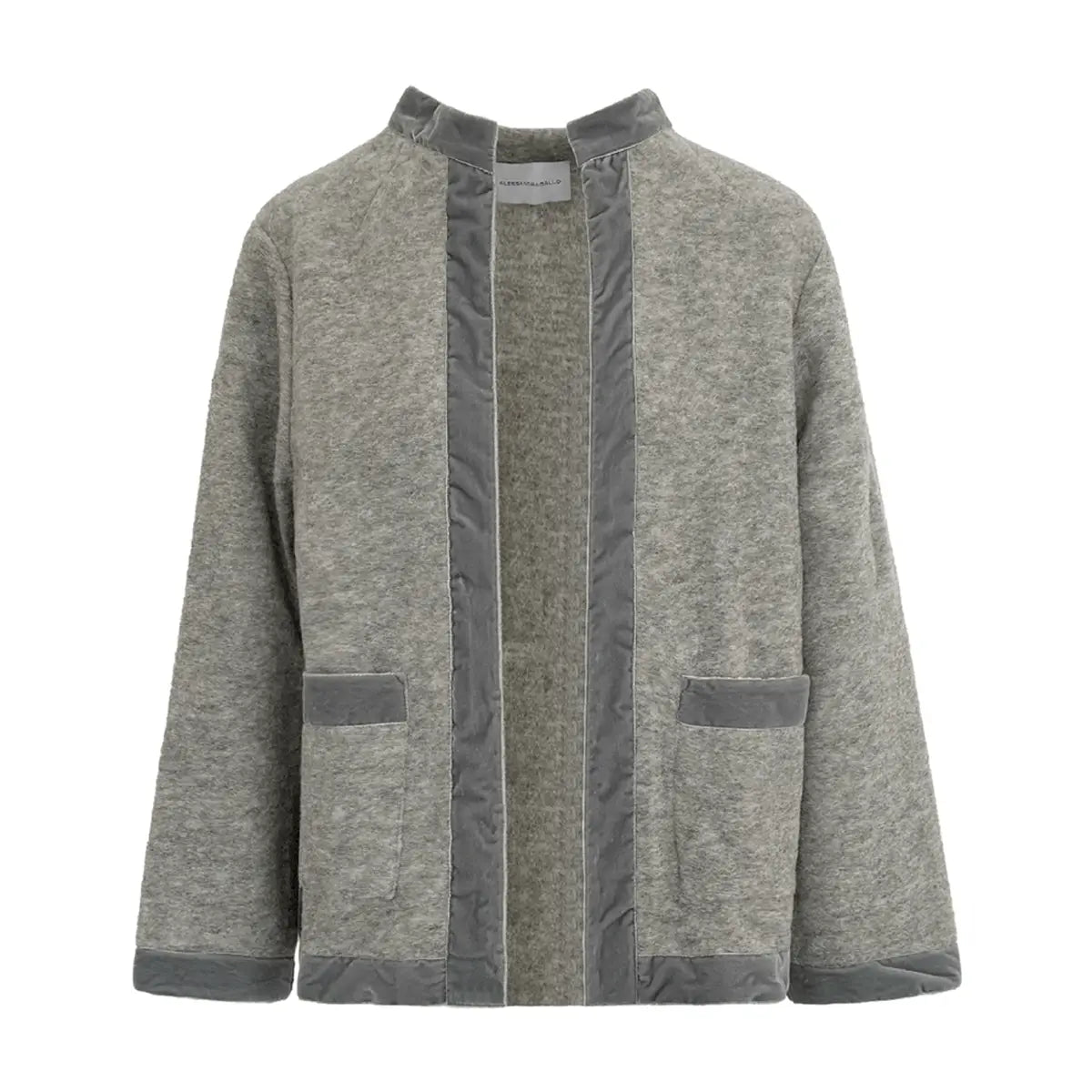 giacca PRISCILLA di Alessandra Gallo in lana cotta grigio chiaro con bordi in velluto - vista frontale - The Wool collection