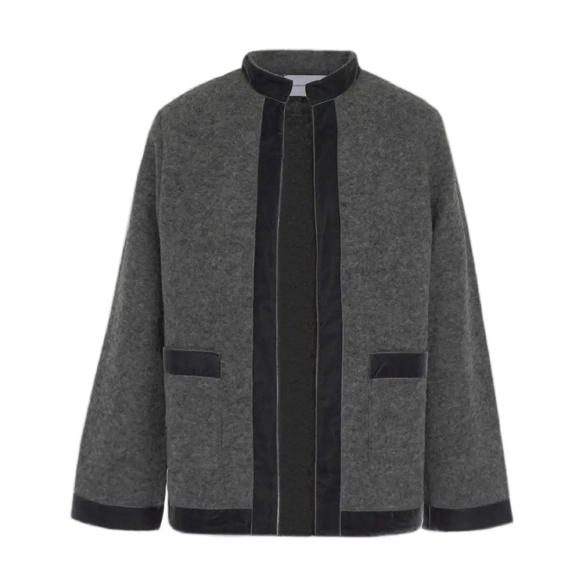 giacca PRISCILLA di Alessandra Gallo in lana cotta grigio con bordi in velluto - vista frontale - The Wool collection