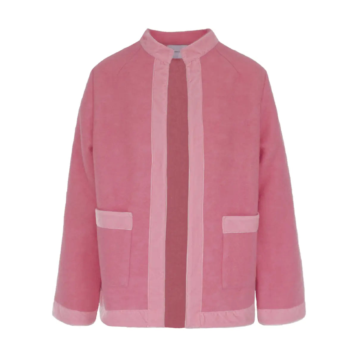 giacca PRISCILLA di Alessandra Gallo in lana cotta rosa con bordi in velluto - vista frontale - The Wool collection