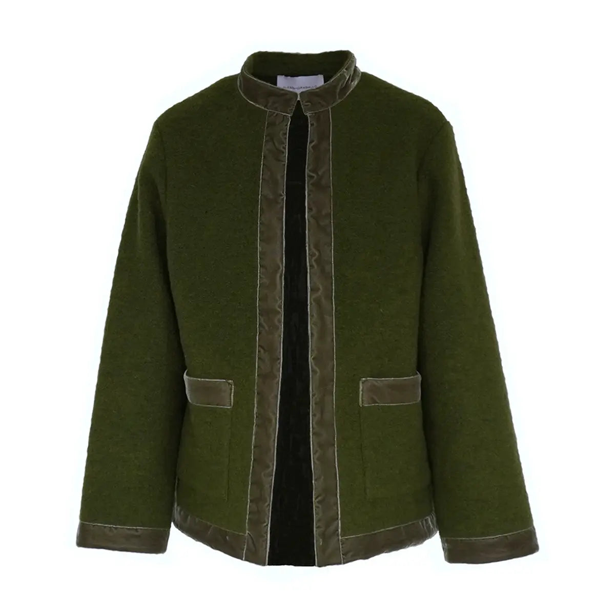 giacca PRISCILLA di Alessandra Gallo in lana cotta verde militare con bordi in velluto - vista frontale - The Wool collection